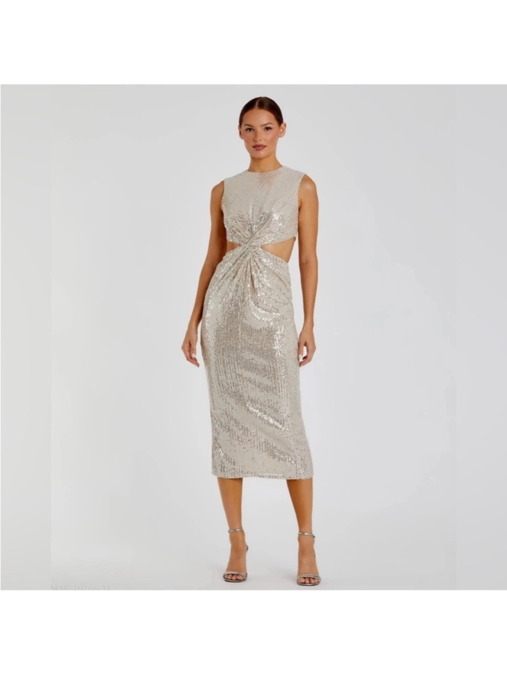 Mac Duggal Sequin Twist Front Cutout Midi Dress